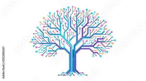 Digital tree concept, abstract circuit board design, technology and nature fusion, futuristic data structure