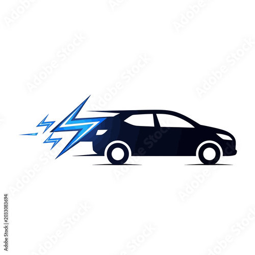 Electric car silhouette with blue lightning bolt symbol