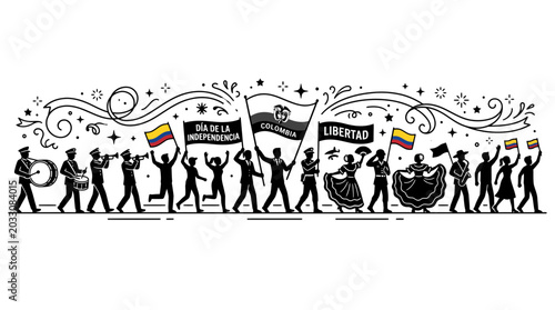 Fotografi Silhouette illustration of a celebratory parade for independence day with people marching and waving flags