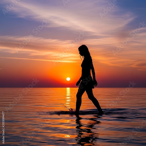 Silhouette of a woman walking in the ocean at sunset, colorful sky reflected
