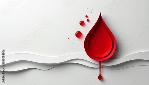 Stylized Blood Drop Illustration on White Background with Paper Waves.