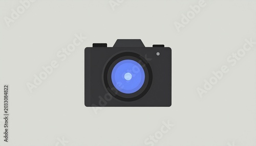 Stylized Camera Icon with Blue Lens on Neutral Background.