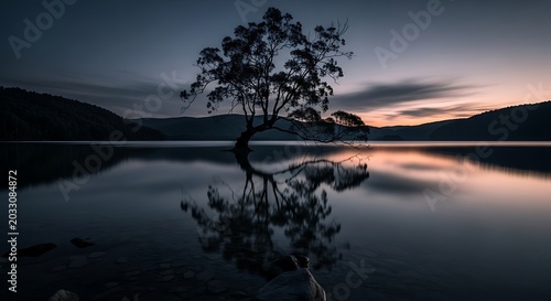 Lonely tree standing in the quiet water of a calm lake during a beautiful orange and purple sunset sky. czarne drzewo