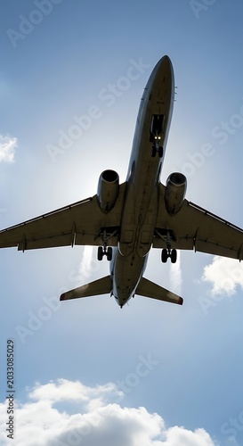 Silhouette of an airplane ascending against a bright, backlit sky with clouds