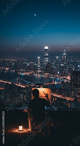 Silhouette of an artist painting a cityscape under a twilight sky, illuminated by a lantern