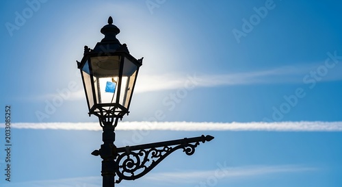 Silhouette of an ornate street lamp against a bright sun and blue sky