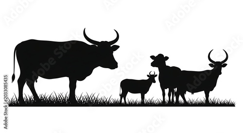 Silhouette of cattle standing in grassy field against a white background