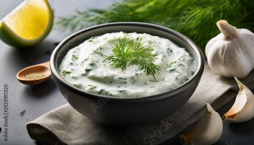 a bowl of tangy tzatziki sauce with grated cucumber garlic dill