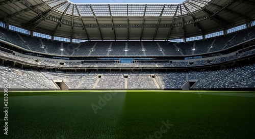 Empty stadium with tiered gray seats and a lush green grass pitch under a large roof structure