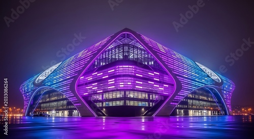 Futuristic stadium exterior with glowing purple and blue led strip lighting at night