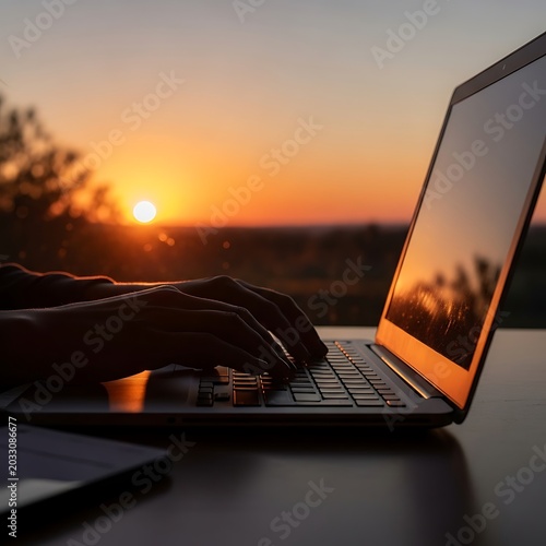 Silhouette of hands typing on a laptop with a vibrant sunset in the background
