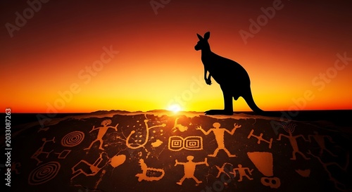 Silhouette of kangaroo on ancient petroglyphs at sunrise