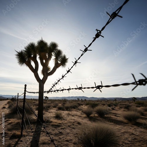 Silhouette of Joshua tree against sun, framed by barbed wire fence