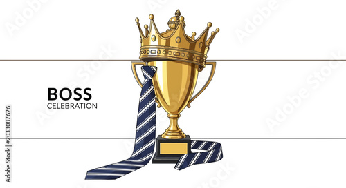 A golden trophy cup wearing a royal crown with a striped necktie draped over it.