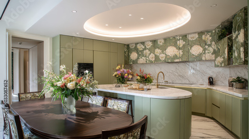 Elegant Kitchen Oasis: A sophisticated kitchen with soft green cabinetry, marble countertops, and a striking floral wallpaper evokes a sense of luxury and tranquility.