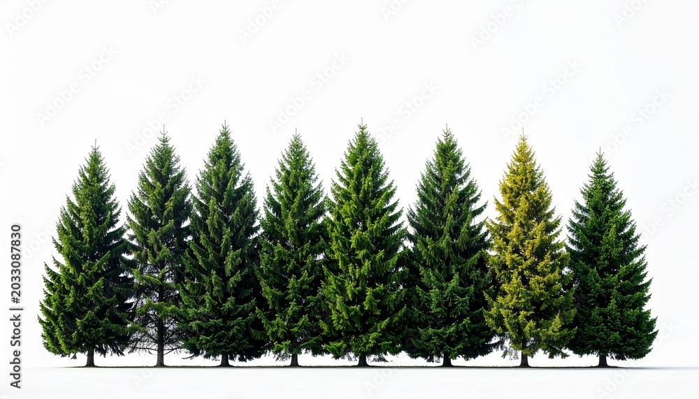 Fototapeta premium Row Of Green Pine Trees With One Distinct Yellow Conifer Standing Out On White Background Concept Of Individuality