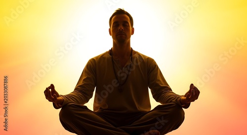 Silhouette of man meditating in lotus pose against glowing yellow-orange background