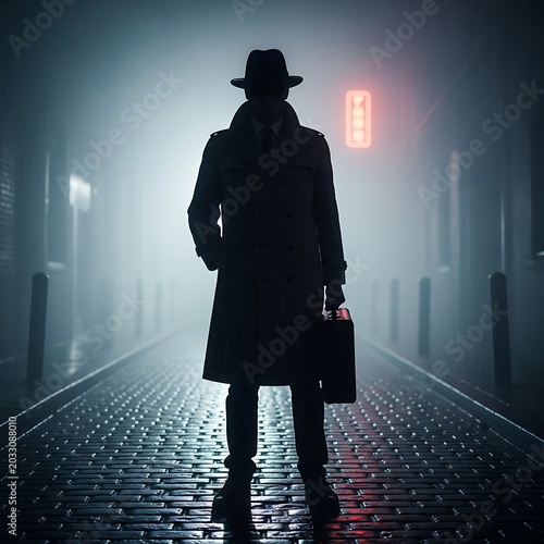 Silhouette of man in fedora, trench coat, holding briefcase in foggy, neon-lit alley