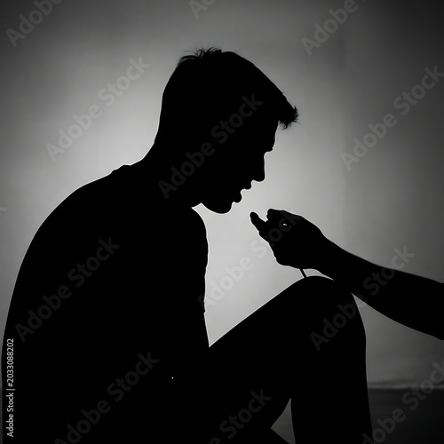 Silhouette of man receiving something small from a hand, intense focus