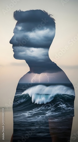 Silhouette of man overlaid with storm, lightning, and crashing ocean waves