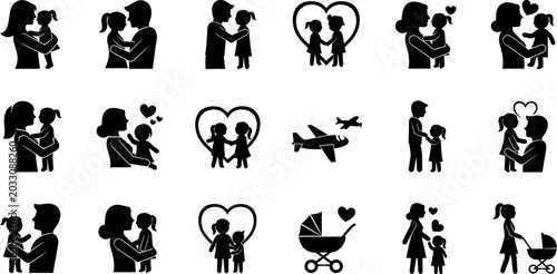 Canvas Print Family and parenting icon set featuring silhouettes of parents with children and