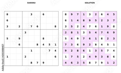 Printable sudoku puzzle with solution grid for logic challenge
