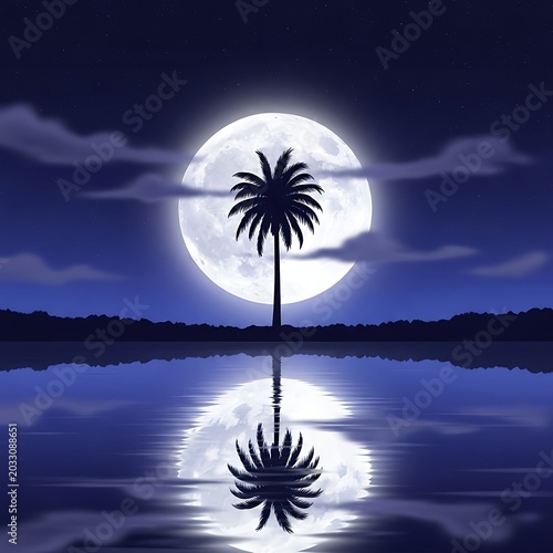 Silhouette of palm tree against full moon over tranquil water reflecting moonlight