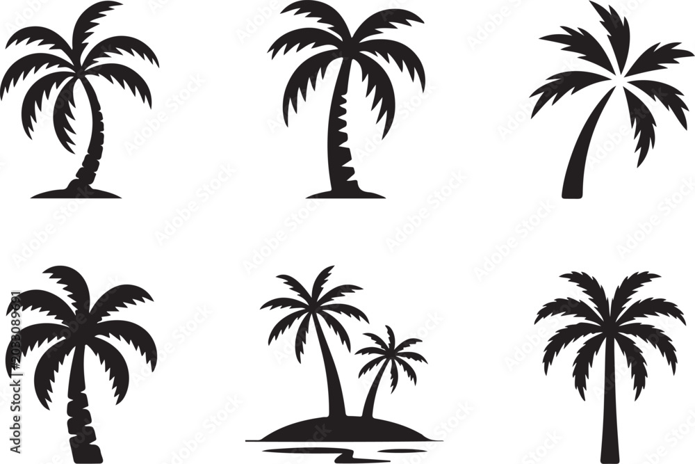 Fototapeta premium Six stylized black palm trees in different poses