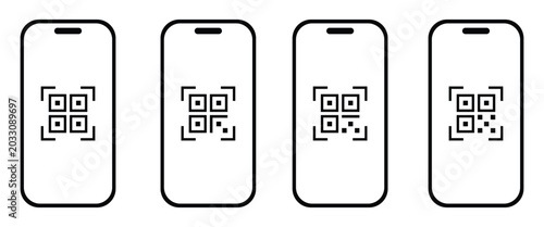 Four minimalist outline smartphone icons displaying different QR codes for modern digital scanning technology applications