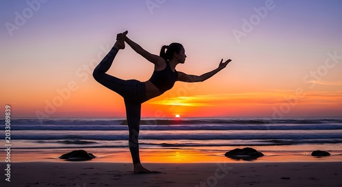 Silhouette of person in yoga pose on beach at sunset
