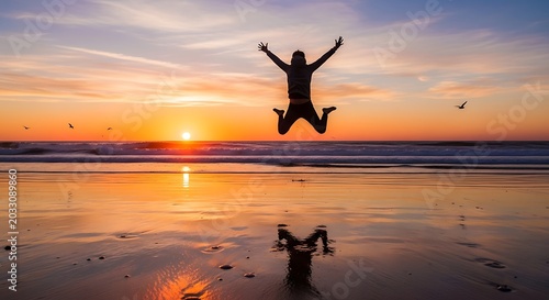 Silhouette of person jumping joyfully on beach at sunset with reflection