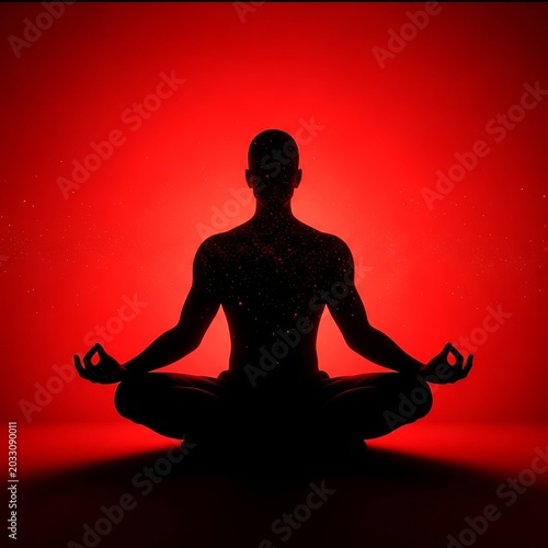 Silhouette of person meditating, glowing with internal starry lights on red backdrop