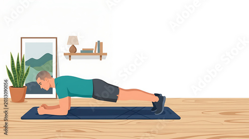 Vector illustration of a man performing a forearm plank exercise on a yoga mat at home, core workout concept