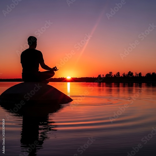Silhouette of person meditating on a rock in calm water at sunset