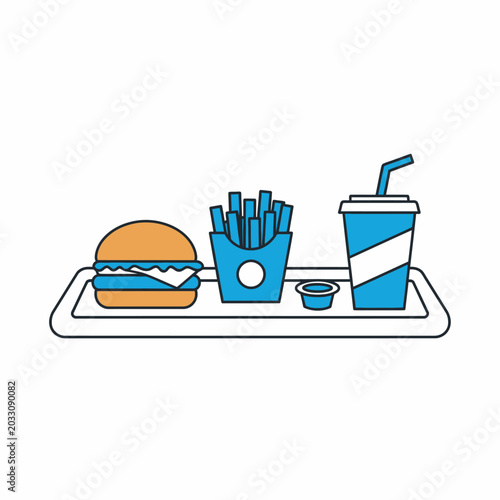 Burger french fries and soda cup on a tray illustration
