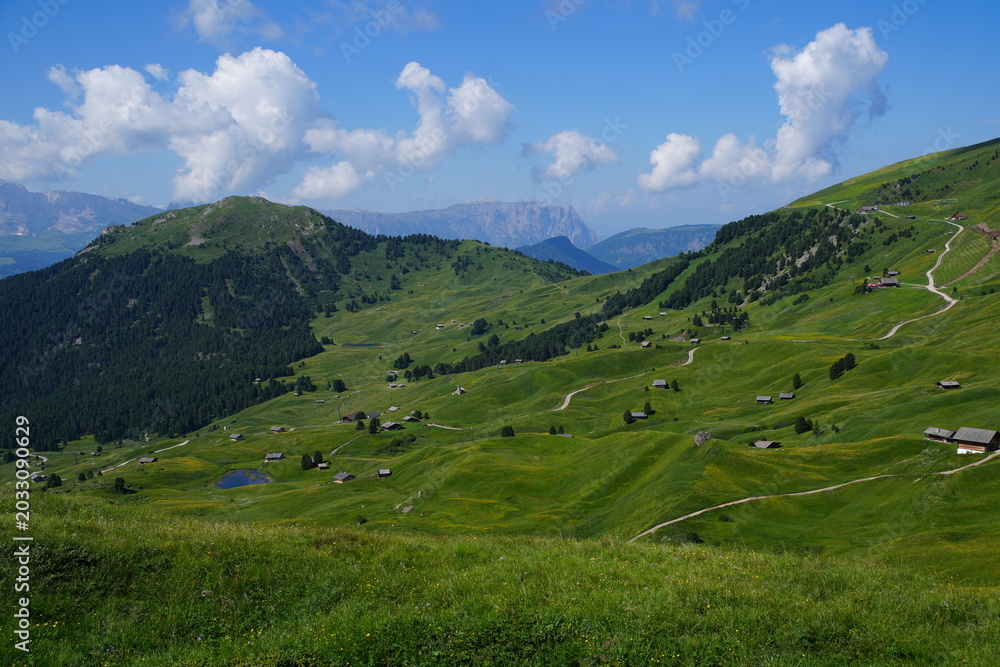 Naklejka premium Wide Alpine Landscape with Hills and Huts