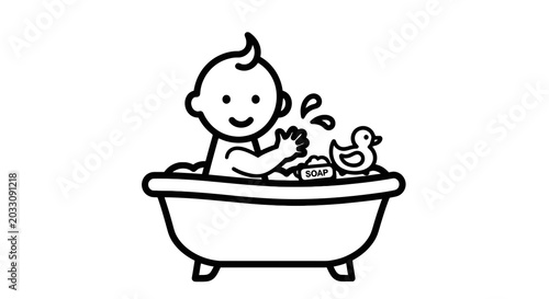 Schilderij op canvas Baby Playing in Bathtub with Toy.