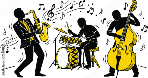 Photography Live jazz band performance with musicians silhouettes playing saxophone drums an