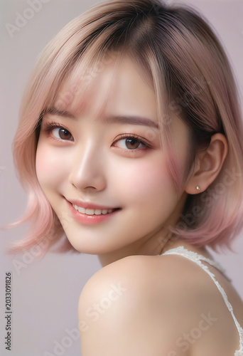 Portrait of a cute girl smiling. Beautiful bare face, beauty image, white teeth, pastel colors.　笑顔のかわいい女の子のポートレート。美しい素顔、美容イメージ、白い歯、パステルカラー。