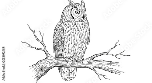 A detailed black and white line art illustration of a majestic great horned owl perched on a tree branch.