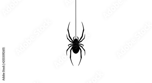 A minimalist black silhouette of a spider hanging from a single vertical silk thread.