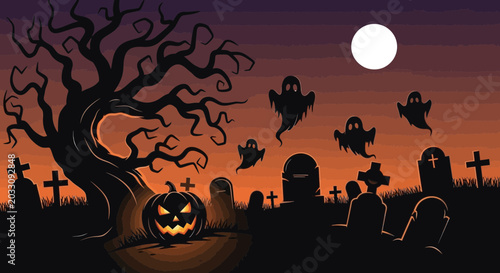 Фотография A spooky Halloween scene featuring a glowing jack o lantern and floating ghosts in a graveyard
