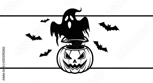 Foto A spooky ghost emerging from a carved Halloween pumpkin surrounded by flying bats