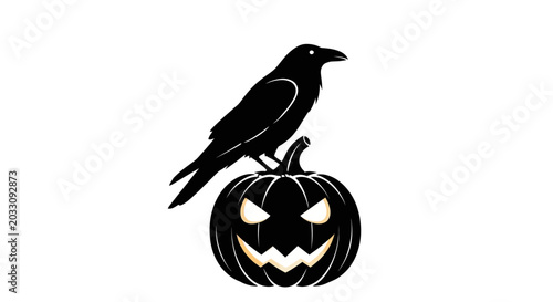 Картината върху платно A black crow perched on top of a spooky carved jack o lantern pumpkin