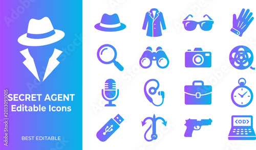 Fotografie Secret agent editable icons with spy and detective equipment on gradient background