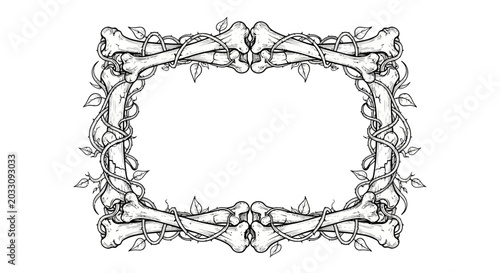 Tableau sur toile A decorative rectangular frame composed of human bones and intertwined vines