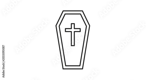 A simple black and white line art illustration of a traditional coffin with a cross symbol.