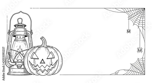 Photos Hand drawn Halloween frame with a jack o lantern pumpkin and a vintage oil lantern