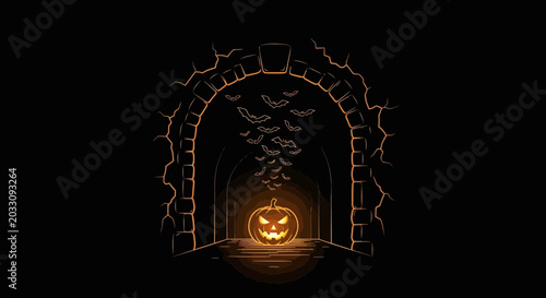 Photos Glowing jack-o-lantern sitting inside a dark stone archway.