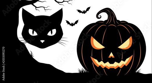 Photos A spooky black cat head and a glowing jack-o-lantern pumpkin for Halloween